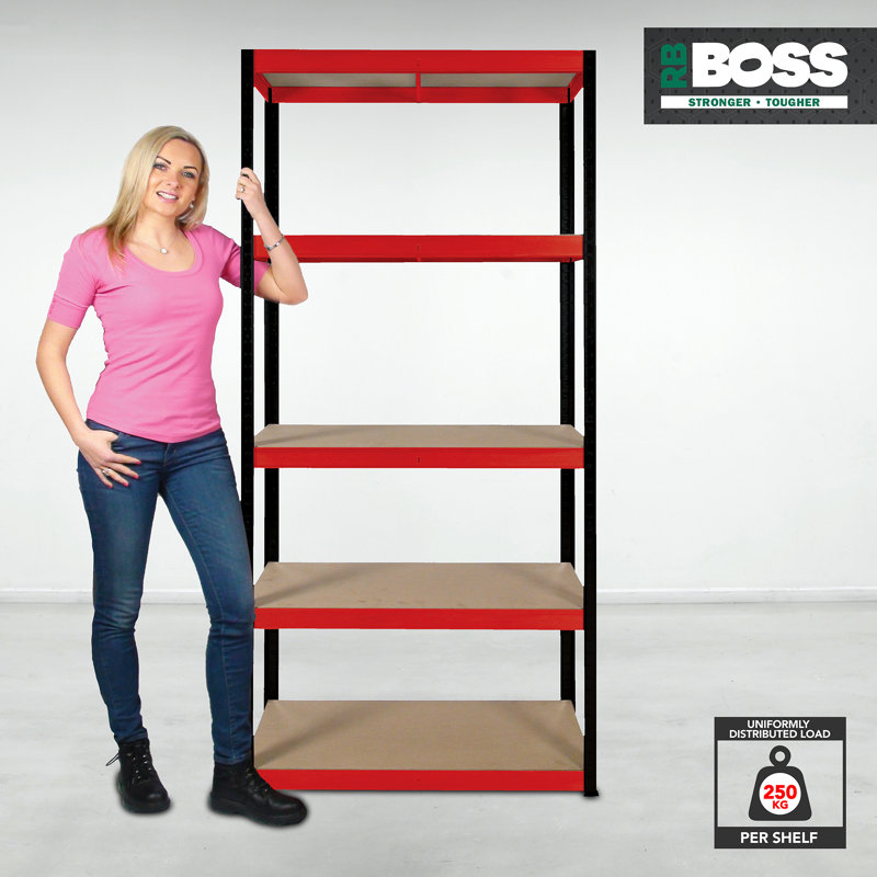 Lavada Metal Shelving Unit, 180cm H x 90cm W x 40cm D, Black/Red