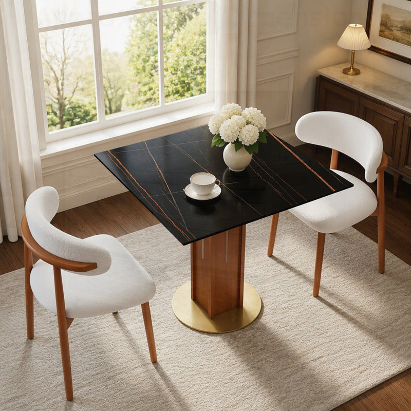 Table de salle à manger carrée en ardoise avec colonne en noyer, idéale pour les petits espaces et un style moderne, capacité de charge de 68 kg