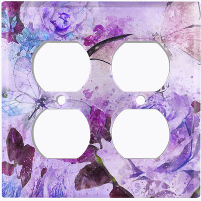 Plaque de prise murale à motif en métal à motif d'interrupteur de lumière (fleur blanc rose mauve - double)