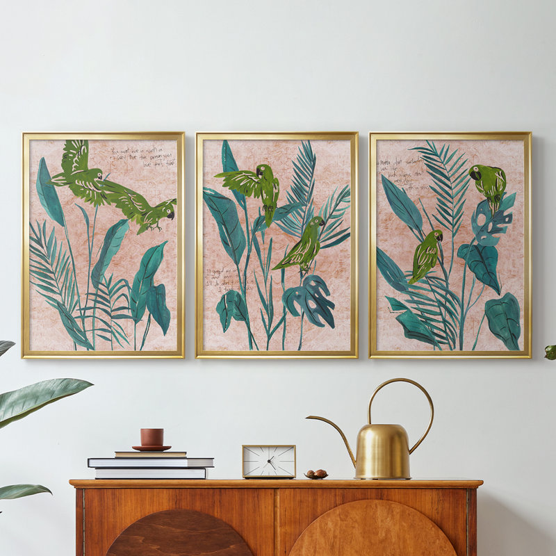 The Tropical Song I - Toile tendue avec châssis sur mesure - 3 pièces, H 15 po x l 19 po, Doré