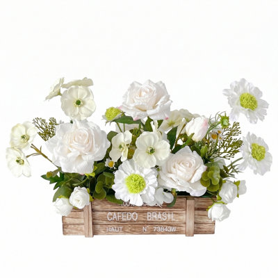 17.7" Assorted Styles Artificial Floral Wooden Box Arrangement, Rustic Printed Wood Planter Silk Flower Centerpiece for Farmhouse Table Windowsill Home Decor