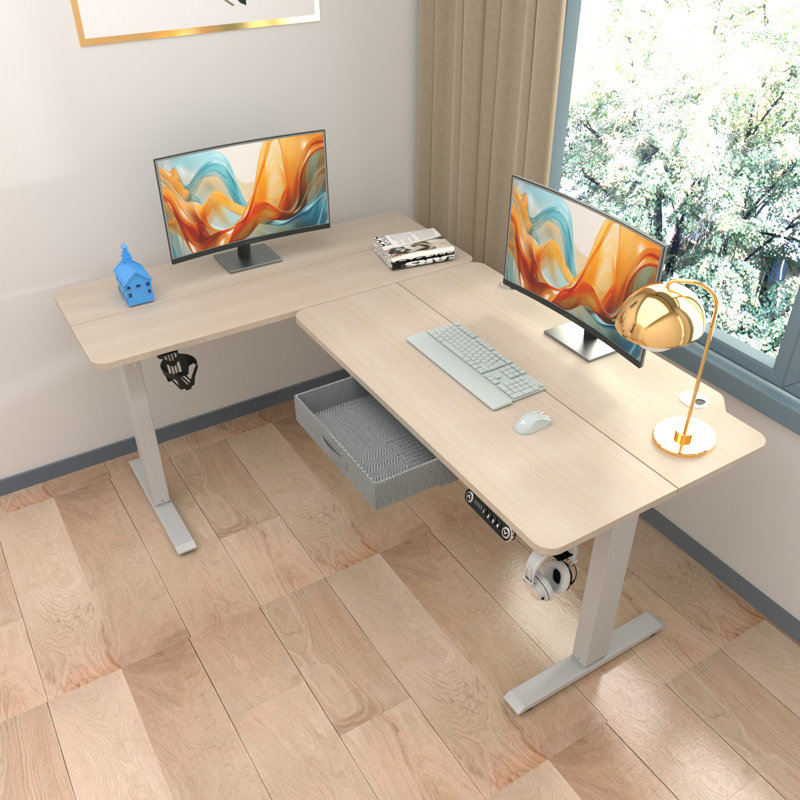 Becali 63'' L-Shaped Height Adjustable Standing Desk With A Drawer, Beige