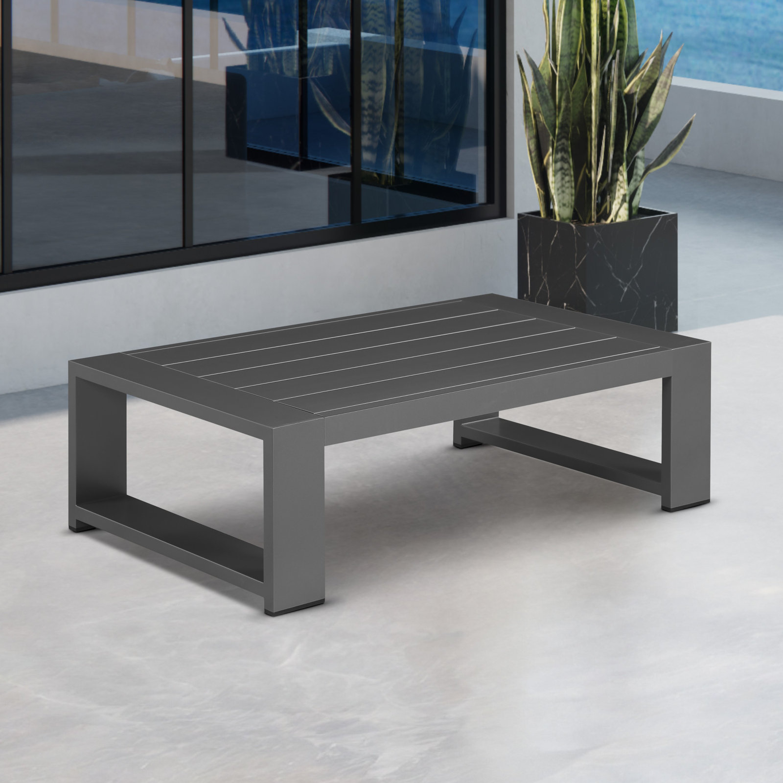 Hoyt 47.25” Outdoor Aluminum Coffee Table, Silver Gray