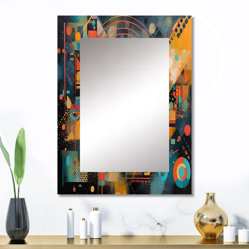 Orange et bleu géométrique vibrations II - miroir mural décoratif géométrique, miroir moderne, art imprimé en métal