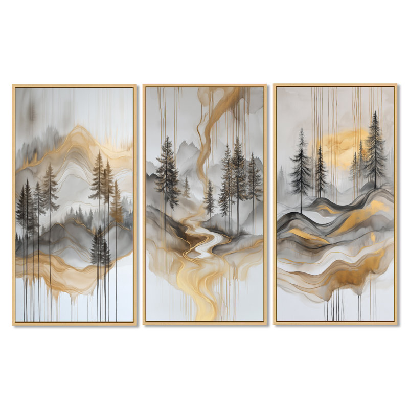 «Gold Forest and Peaks Solitude Horizon - Forest», reproduction sur toile 3 pièces, Cadre flottant en bois naturel