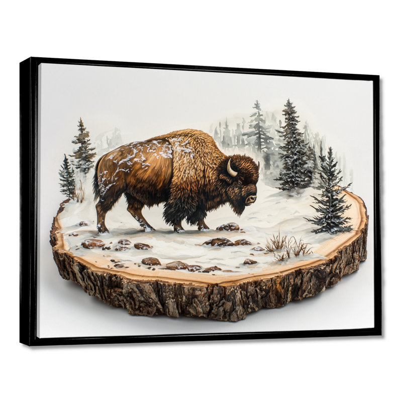 Marven Bison in Winter Forest Landscape II - Bison, art mural, Noir, Cadre flottant, H 16 po x l 32 po