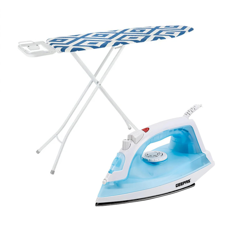 GEEPAS Steam Iron & ROYALFORD Ironing Board Set | 1800W Ceramic Soleplate with Variable Steam Spray Dry Function & 120ml Tank | 114x33cm Adjustable Height Board with Cotton Cover Foldable Rest
