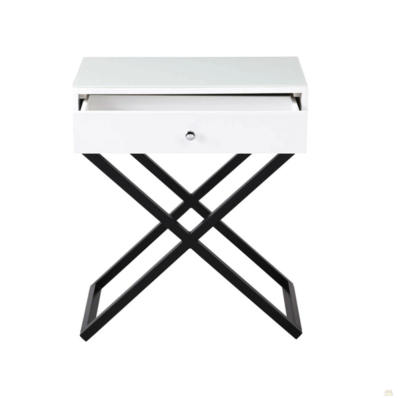 23" Wooden End Side Table Nightstand With Glass Top, Drawer And Metal Cross Base, White