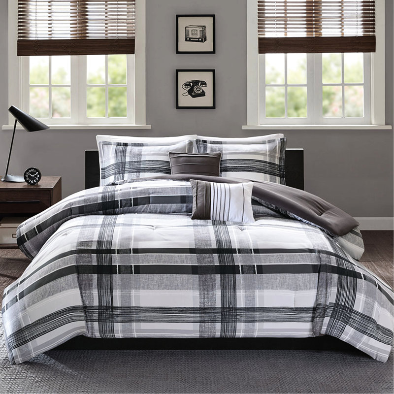  Édredon pour grand lit écossais - literie moderne noire et grise avec édredon, 2 taies décoratives, couvre-lit lavable décoratif doux pour machine