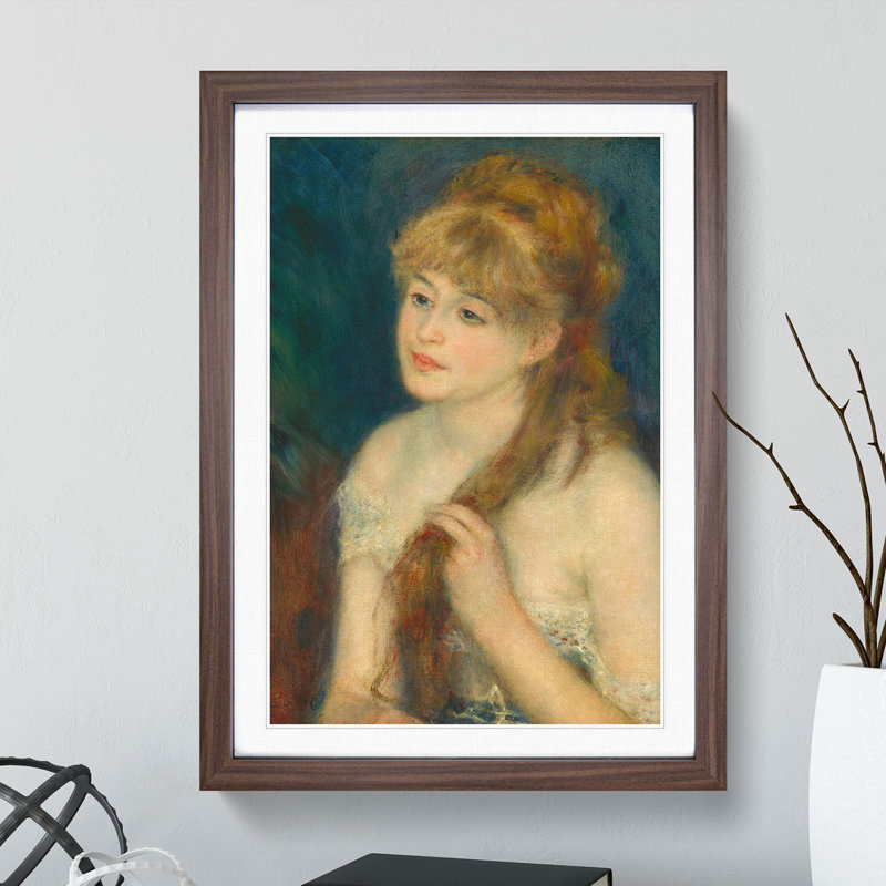 Woman Braiding Her Hair by Pierre-Auguste Renoir - Picture Frame Painting, 65cm H x 48cm W x 2cm D, Walnut