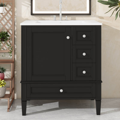 Meuble-lavabo moderne 30 po avec lavabo, meuble-lavabo autoportant avec 3 tiroirs et 1 porte, organisateur de porte d'armoire, structure en bois massif