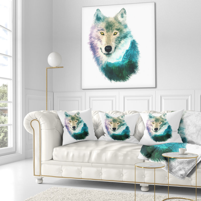 Coussin de dessin à double exposition à la tête loup animal, 18 po x 18 po, Coussin décoratif