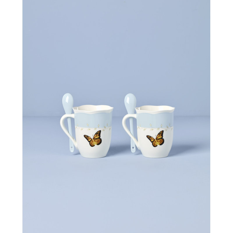 Lenox Butterfly Meadow Blue Mugs with Spoons, Set of 2