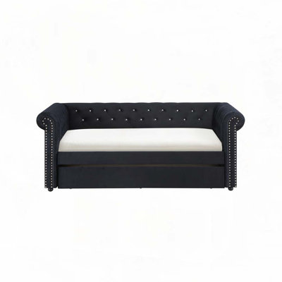 Upholstery Daybed with Pull Out Trundle Tufted Nailhead Trim Design Daybed