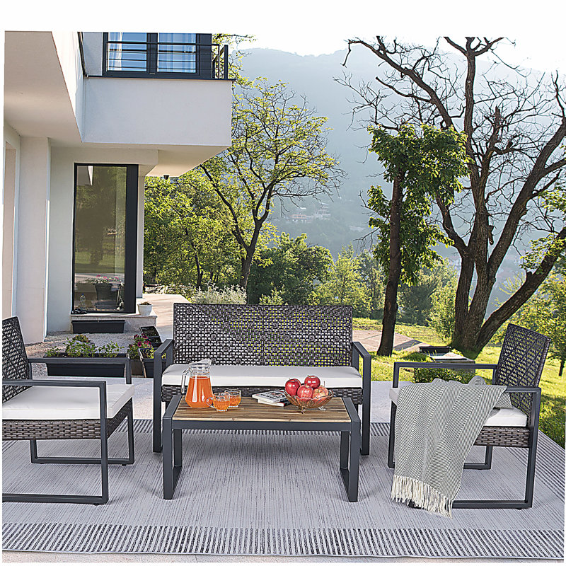 4-Piece Patio Furniture Set Outdoor Balcony Porch Garden Backyard Lawn Furniture Acacia Wood Table Top, Morden Brown and Beige Cushion