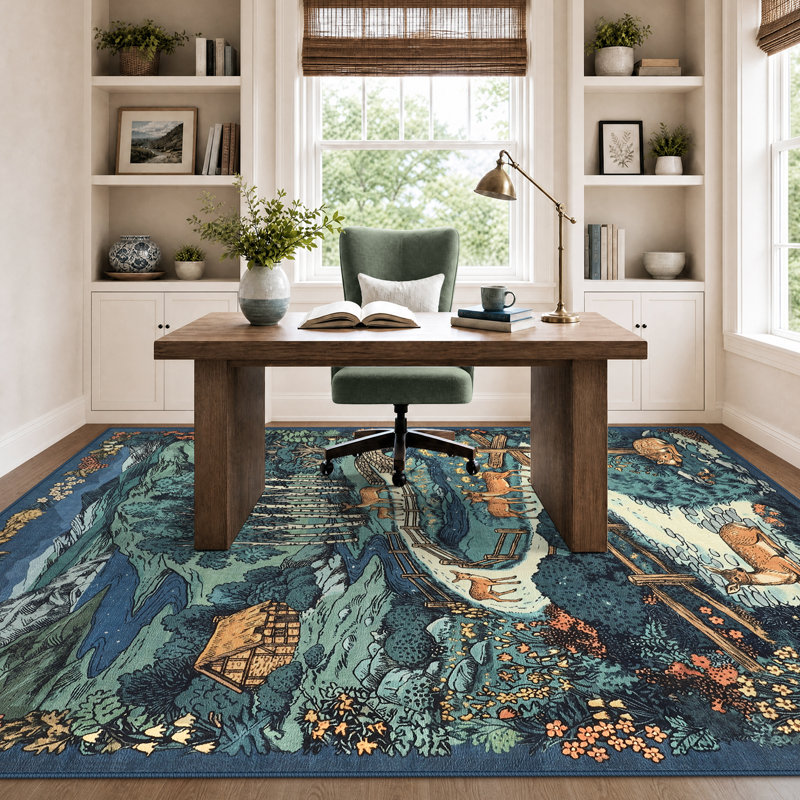 Tapis lavable rétro à motif de cerfs Woodland, Blue, 8' × 10'