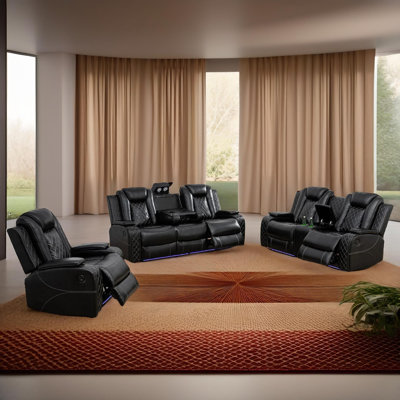  7 Seater Power Recliner Sectional Sofa Couch with LED, Leather Living Room Furniture Sofa Set, Black