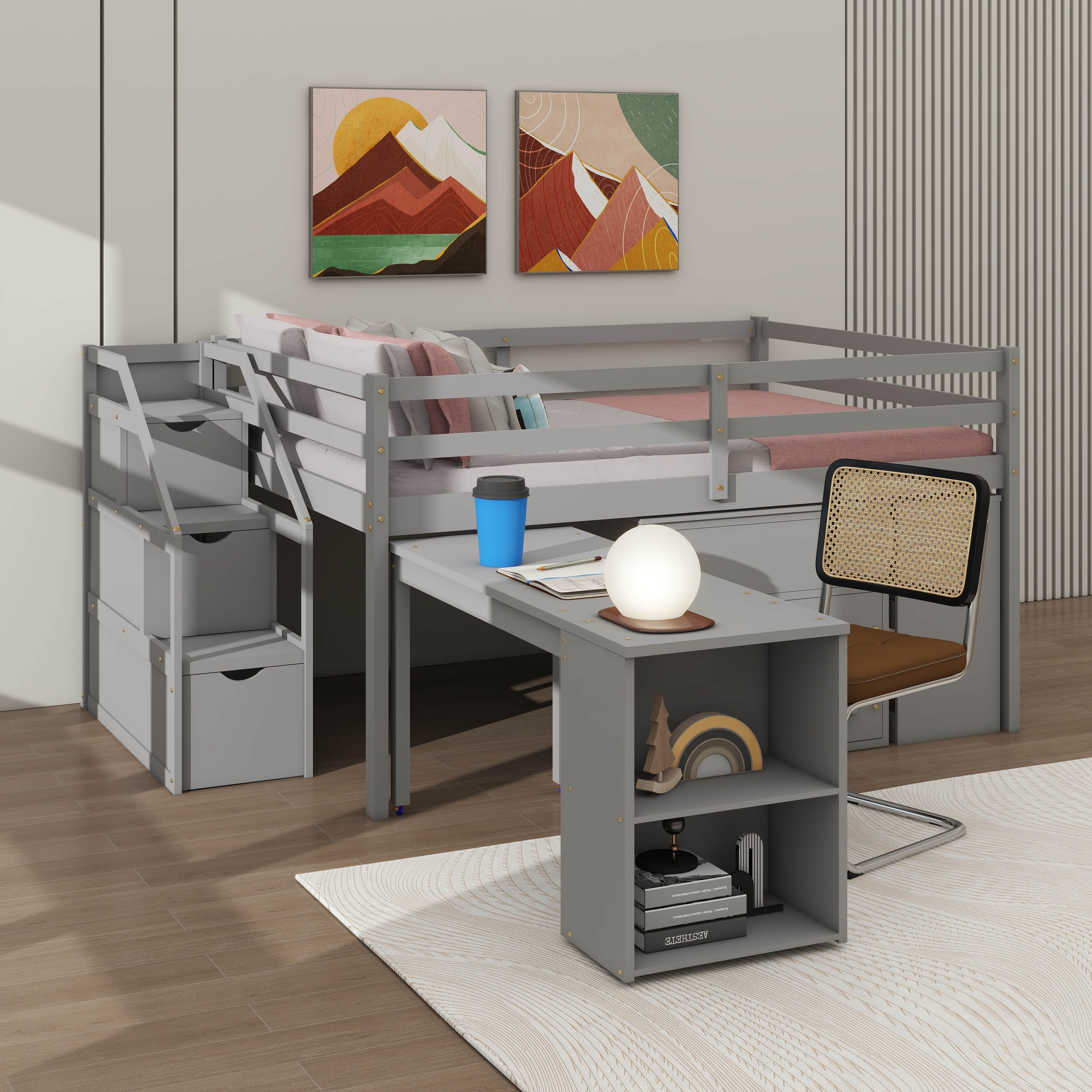 Latitude Run® Full Size Low Loft Bed With Pull-Out Writing Desk And 3 ...