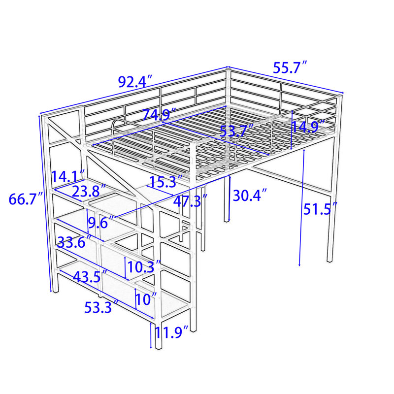 Baumeister Full Metal Loft Bed With Lateral 4-Layer Ladder, Large Desk, Slatted Guardrails, White