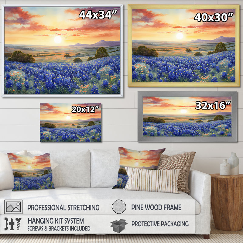 Blue Bonnets Sunset II, reproduction d'art sur toile, Noir, H 30 po x l 40 po x P 1,5 po
