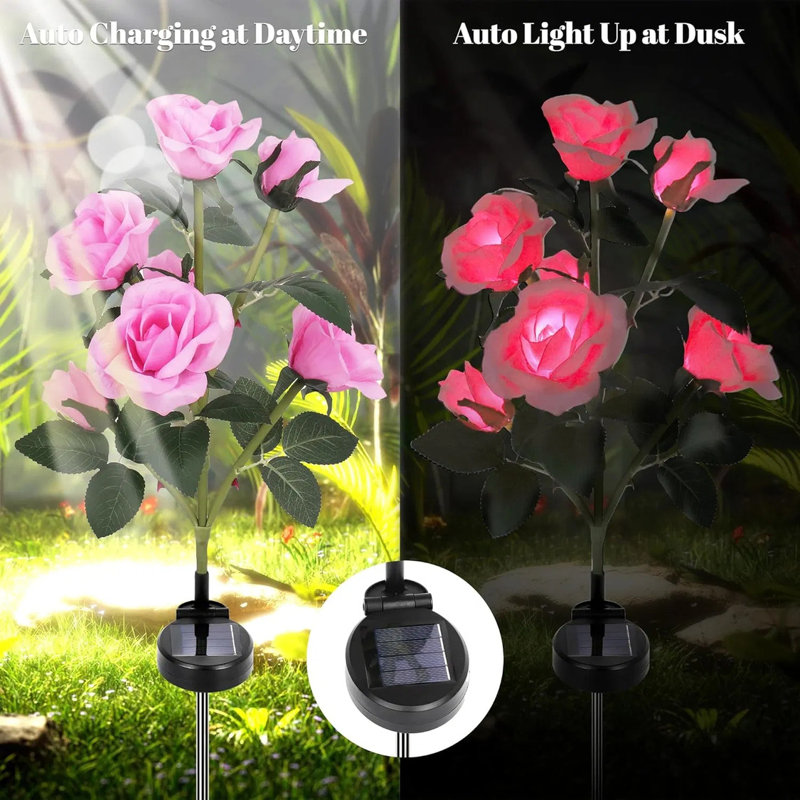 Paquet de 2 lumières solaires roses pour l'extérieur avec 14 fleurs roses, éclairage solaire pour la cour, Rose