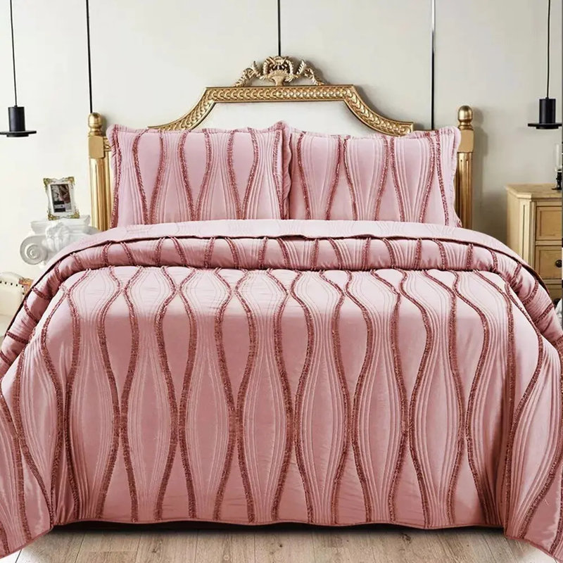 3 Piece Quilted Bedspread Reversible Comforter Bedding Set Bed Throw, Double Bedspread + 2 Standard Shams, Pink Floral