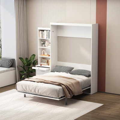 Morden Deisgn Full Size Vertical Murphy Bed With Shelf And Drawers For Bedroom Or Guestroom White Wall Bed Space Saving Hidden Bed With New Style Gas