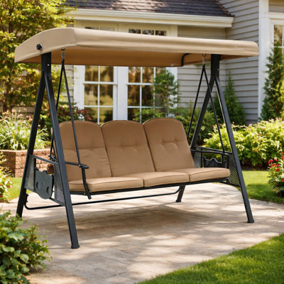 Balancelle de patio à 3 places avec support Kozyard Herbert, baldaquin ajustable, balancelle d'extérieur autoportante pour la cour arrière, près de la piscine, balcon beige