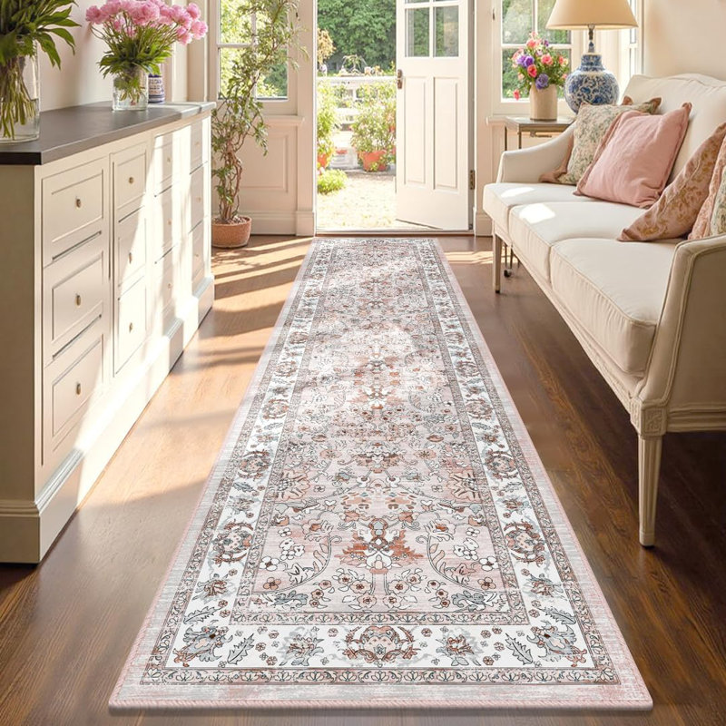 2x8" Washable Runner Rug Soft Faux Wool Kitchen Rug for Kitchen Laundry Entryway Bedroom, Pink, Runner 2' x 8'