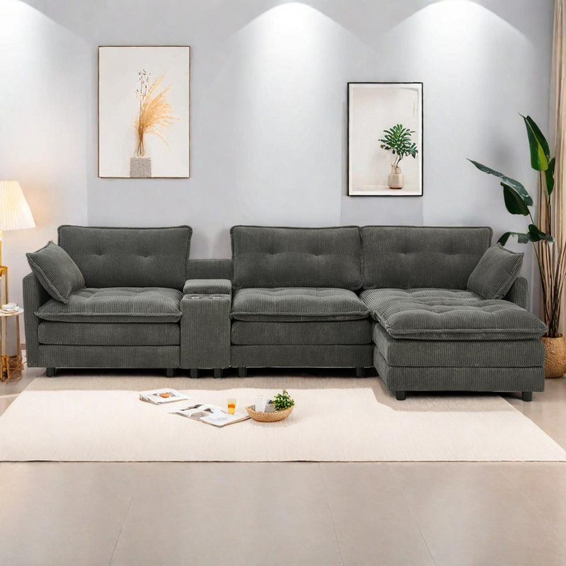 Canapé modulaire surdimensionné en forme de L de Boneless de 119 po avec repose-pieds et console, Gris