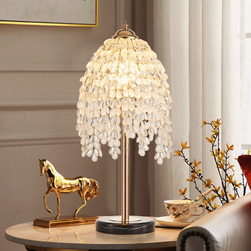 19" Elegant Crystal Table Lamp – Vintage Waterfall Design With Teardrop Grape Crystal Bead String Shades And Marble Textured Base For Living Room, Bedroom, Or Office (bulb Not Included) 