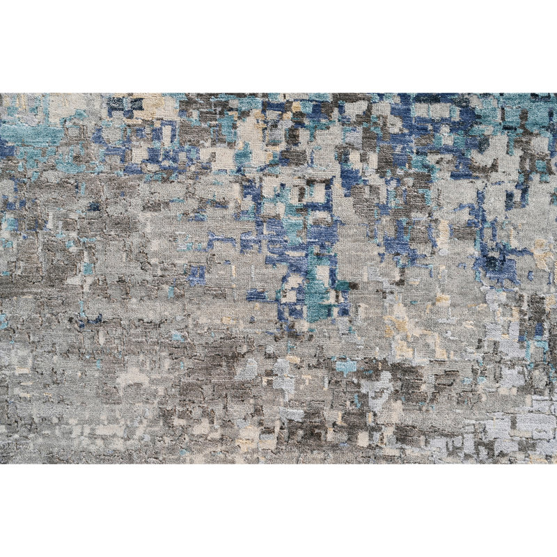 Hand Knotted Abstract Area Rug in Silver/Blue/Tan, Rectangle 9' x 12'