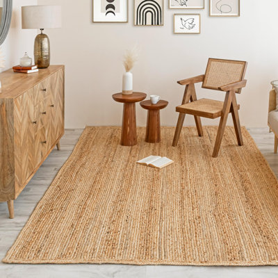 Tapis tissé à la main rectangulaire en jute tissé à la main 4 pi x 6 pi - Tapis de ferme rustique réversible tressé rétro - écologique pour la cuisine / le couloir / le salon / la chambre à coucher (naturel)