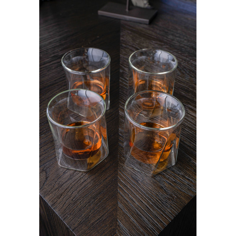 LEMONSODA Double Wall Hexagon Lead-Free Crystal Whiskey Glasses Set of 4