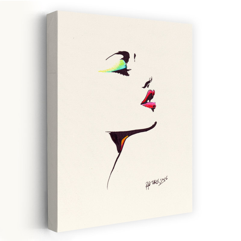 Dessin abstrait minimaliste d'un visage de femme avec des lèvres rouges audacieuses et un maquillage coloré pour les yeux