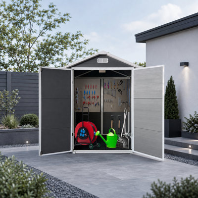 Remise de rangement extérieure en plastique 6 po x 4 pi avec plancher, portes doubles verrouillables, fenêtre et évents, gris
