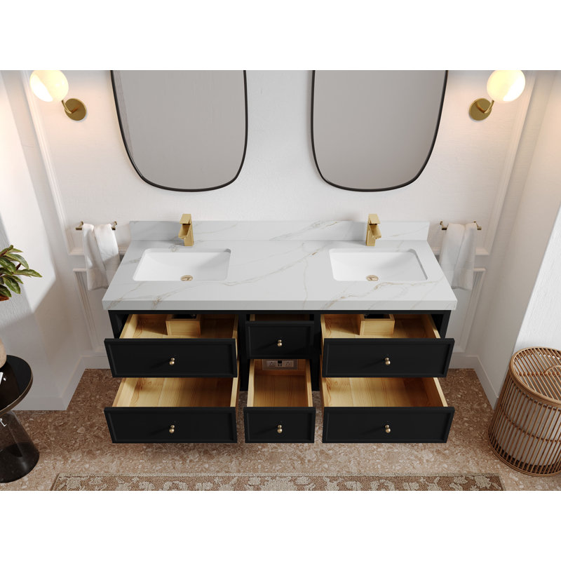 Meuble-lavabo double flottant 60 po avec dessus Roswell, Sienne Calacatta
