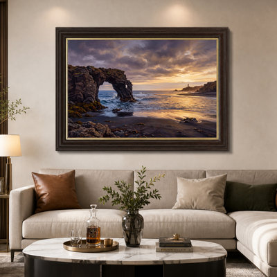 Art mural sur toile Coastal Rock Arch and Lighthouse at Golden Sunset