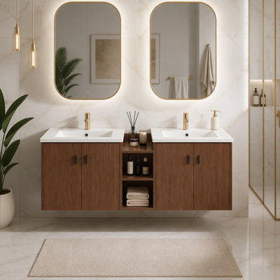 Meuble-lavabo de salle de bain rouge à fermeture en douceur avec petites étagères de rangement et armoire combinée, emballage démontable