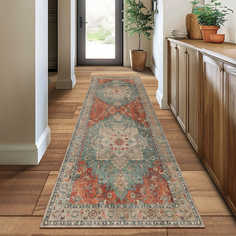 Transitional Rust/Teal Machine Washable Non-Slip Area Rug, Runner 2' x 7', Rust/Teal