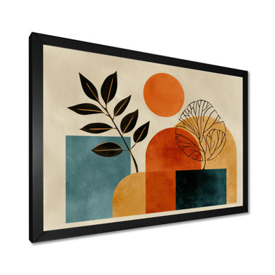 Blue And Orange Boho Minimalist Geometric Plant - Botanicals Framed Art, Blue Botanical Wall Decor