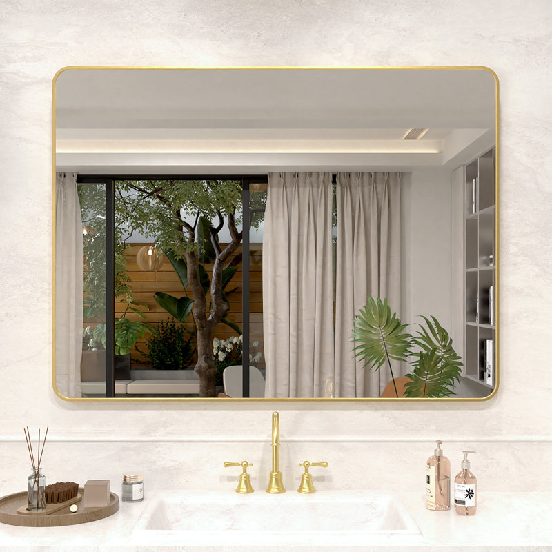 Vista 48 in. W x 36 in. H Rectangular Framed Wall Bathroom Vanity Mirror in Brushed Gold, Brushed Gold, 36" x 48"