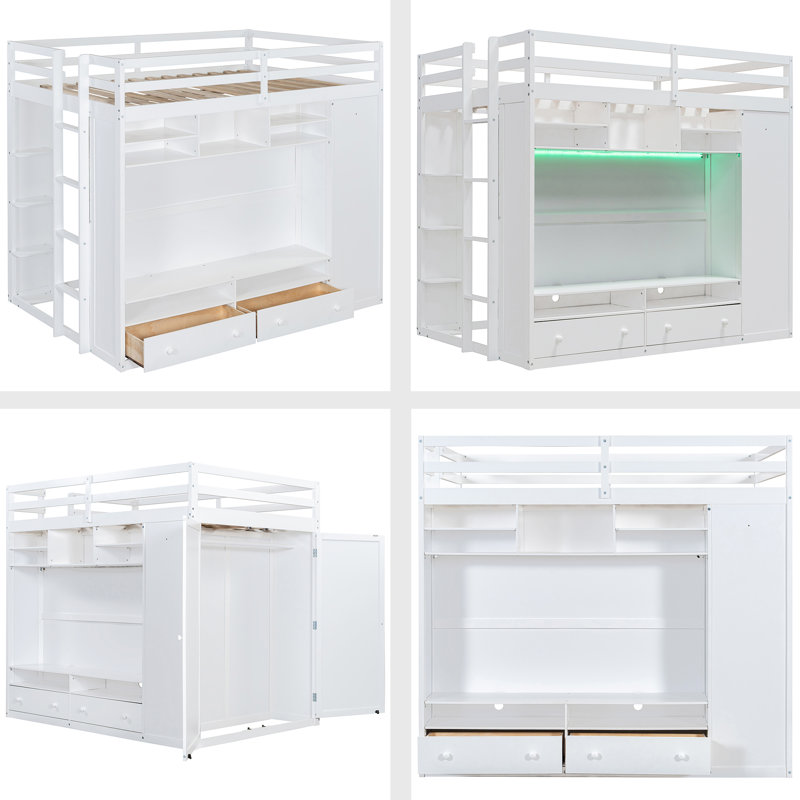 Lit mezzanine double avec tiroirs et tablettes, Blanc