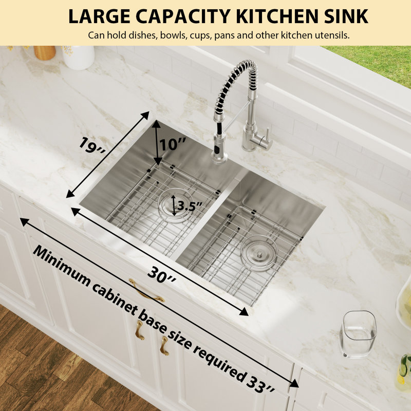 30-inch Low Divide Undermount 50/50 Double Bowl 16 Gauge Stainless Steel Kitchen Sink with Accessories