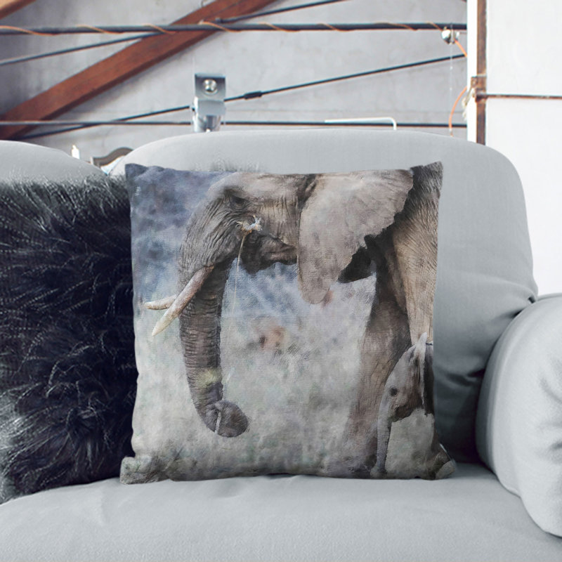 Mother And Baby Elephant Vol.1 Painting Square Throw Cushion, 40cm H x 40cm W x 15cm D, Stone