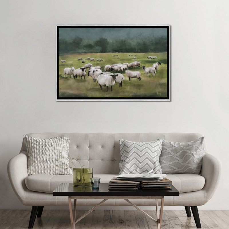 Moody Sheepscape, Toile argentée avec cadre flottant, Pas de tapis, H 32 po x l 48 po x P 1,5 po