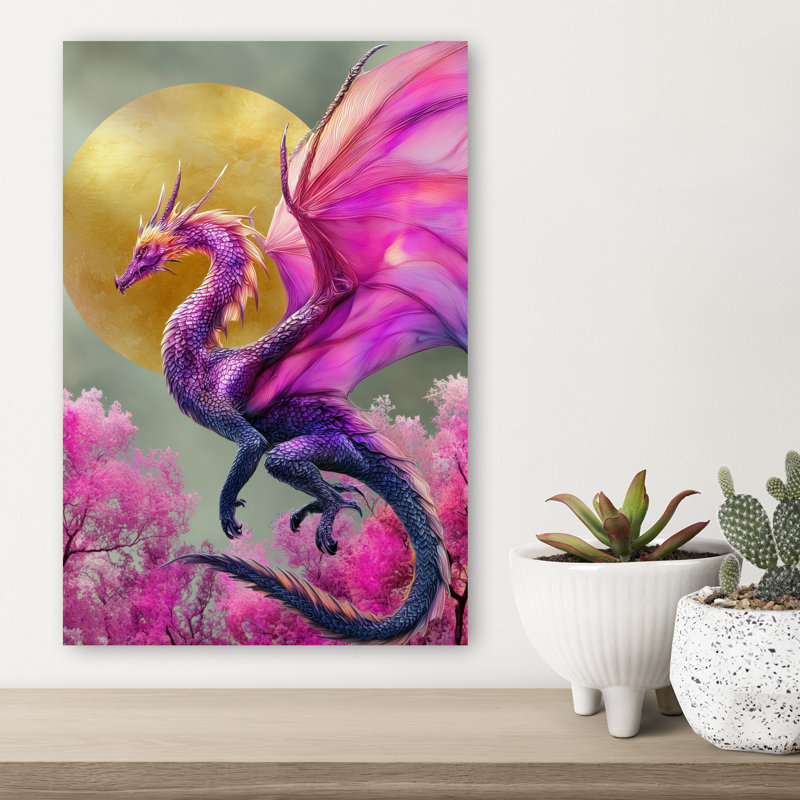 «Vibrant Dragon Golden Moon Elegant Ethereal Vibrant Cherry Animal Nature», art mural, 18" H x 12" W