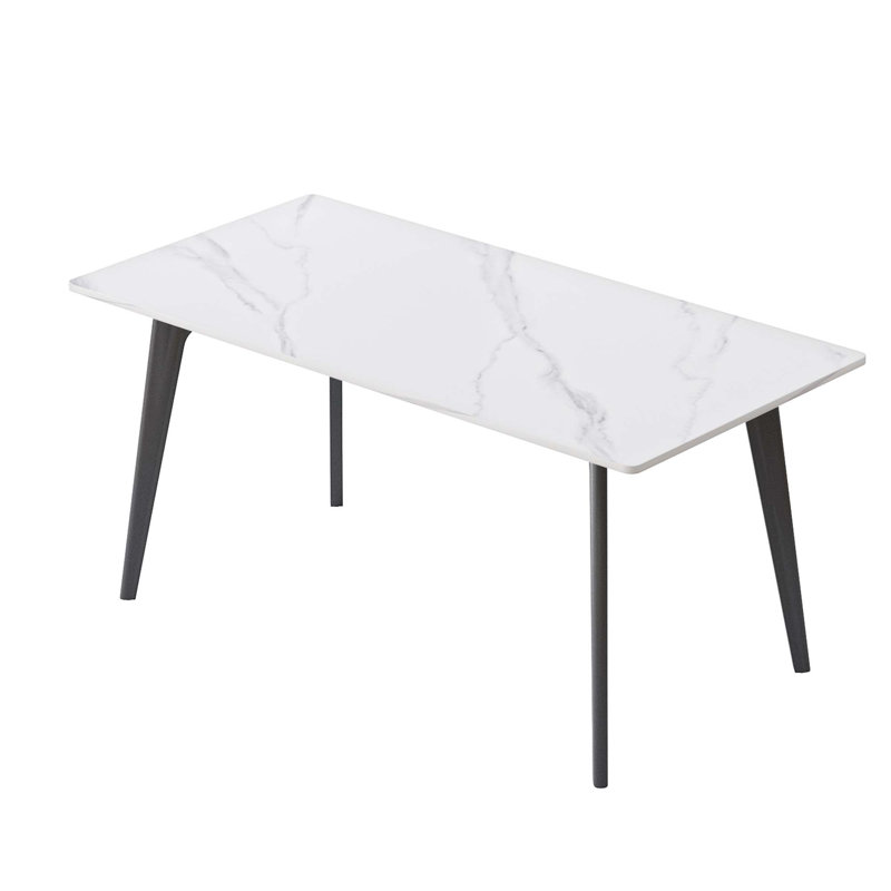 Table de salle à manger moderne en pierre artificielle avec bord droit et pieds en métal, pour 6 à 8 personnes, Blanc, Noir