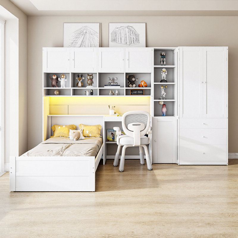 Lit d'étude compact compact avec bureau intégré, éclairage à DEL et beaucoup de rangement - Conception multifonctionnelle peu encombrante