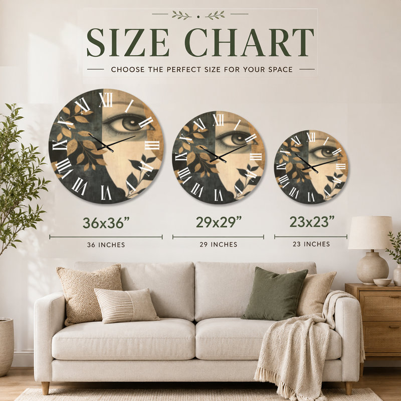 Gilded Leaf Muse - Horloge murale ronde glamour, impression sur bois, Grand